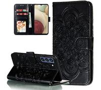 EYZUTAK Cas pour Samsung Galaxy S25/Samsung Galaxy S24, Premium PU Cuir Flip Portefeuille Fente pour Carte Support Magnétique Stand Cover Slim Cas de Téléphone avec Sangle,Gaufré Mandala Cas -Noir