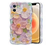 EYZUTAK Coque de téléphone en polyuréthane thermoplastique à motif floral peint à l’huile - Style rétro coloré - Bordure ondulée - Protection durable pour iPhone 12 - pour filles/femmes (rose)