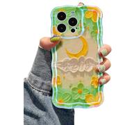 EYZUTAK Coque pour iPhone 13 Pro Max, Peinture à l'huile rétro colorée, Motif Fleur, Lune, Laser, Mignon, bouclés, Bord ondulé, Coque de Protection exquise en TPU pour Filles et Femmes, Lune/Vert