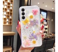 EYZUTAK Coque pour Samsung Galaxy A14 5G, paillettes scintillantes, faites à la main, véritables fleurs séchées et feuilles incrustées de fleurs pressées en gel TPU souple - Bleu + rose