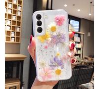 EYZUTAK Coque pour Samsung Galaxy S21 Plus 5G, paillettes scintillantes, faites à la main, véritables fleurs séchées et feuilles incrustées de fleurs pressées en gel TPU souple - Bleu + rose