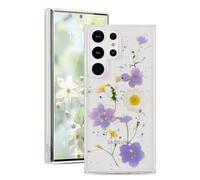 EYZUTAK Coque pour Samsung Galaxy S26 Ultra - Paillettes scintillantes - Fait à la main - Véritables fleurs séchées - Feuilles - Cristal transparent - Esthétique - Motif floral pressé - Coque de