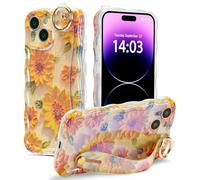 EYZUTAK Étui de Coque avec Sangle à Main pour iPhone 13,Vintage Peinture Huile Flash Laser Fleur Cas de Téléphone Brillant Curly Wave Frame Souple Cas de Protection-Le Tournesol/Jaune