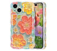 EYZUTAK Étui de Coque pour iPhone 15,Coloré Vintage Peinture à l'huile Flash Laser Fleur Cas de Téléphone Brillant Curly Wave Frame Durable Souple TPU Cas Imprimé Cas de Protection-Fleurs Roses/Vert