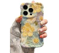 EYZUTAK Étui pour iPhone 15 Pro Max, Coque Colorée Peinture à Huile Flash Laser Fleur, Brillant Curly Wave Frame Durable Souple TPU Imprimé Protection - Fleurs Jaunes/Vert