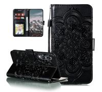 EYZUTAK Étui pour Samsung Galaxy S25 Edge, Premium PU Cuir Flip Portefeuille Fente pour Carte Support Magnétique Stand Cover Slim Coque de Téléphone avec Sangle, Gaufré Mandala Cas - Noir