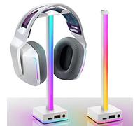 EZDIY-Fab USB LED Light Bar Headphones Stand, Desktop Atmosphere RGB Backlight,50 Built-in Color Modes, Headphone Holder for Gamers Gaming PC Accessories Desk- White- 1 Pack