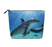 EZDLOWVBA Dauphins in The Sea Print Dolphins in The Sea Print Fake Chanvre Makeup Bag - Travel and Daily Storage Essential - Trousse cosmétique réutilisable, pochette zippée, outil de maquillage, Noir