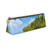EZDLOWVBA Jolie trousse à crayons en cuir avec imprimé île avec plage de sable et palmiers pour filles et garçons, boîte de rangement pour fournitures scolaires et de bureau