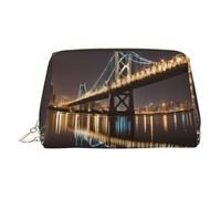 EZDLOWVBA New York Manhattan Bridge Night Print Trousse de maquillage de voyage pour femme Fermeture éclair Trousse de toilette en cuir léger, doré, Taille unique
