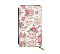 EZDLOWVBA Tasses à thé avec roses - Imprimé shabby romantique - Grande capacité - Portefeuille pour femme et homme - Porte-cartes de crédit - Sac à main en polyuréthane, Noir , Taille unique
