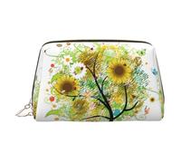 EZDLOWVBA Trousse de maquillage en cuir léger avec motif arbre floral avec marguerites, tournesols et papillons pour femme, doré, Taille unique