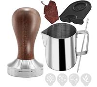 Ezebesta Ensemble de tamper à café de 51 mm pour machine portafiltre, presse à expresso en bois avec tapis de tampeur, pot à lait (350 ml), serviette de barista