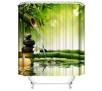 EZEZWSNBB 4 Pcs Ensemble Rideau de Douche Salle de Bain Bambou Vert et Zen Rideau de Douche + Tapis Contour WC +Tapis de Bain Antidérapant+ Couvre Couverture de Toilette Siège