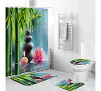 EZEZWSNBB 4 Pcs Ensemble Rideau de Douche Salle de Bain Bambou Vert et Zen Rideau de Douche + Tapis Contour WC +Tapis de Bain Antidérapant+ Couvre Couverture de Toilette Siège