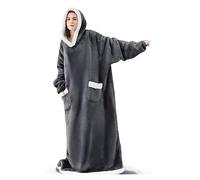 Eznaobo Couverture portable extra longue avec capuche, jeté surdimensionné avec capuche portable avec poches, manches en polaire sherpa douce, jeté portable en sweat-shirt géant (gris-120cm)