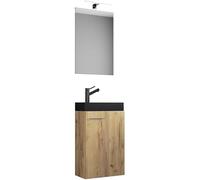 Ezooza LineaViva Meuble suspendu avec lavabo en céramique de haute qualité et miroir, chêne miel, lavabo noir