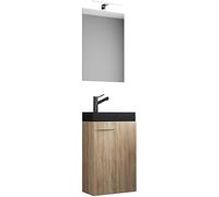 Ezooza LineaViva Meuble suspendu avec lavabo en céramique de haute qualité et miroir, chêne Sonoma, lavabo noir