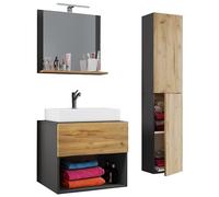 Ezooza Lot de 4 meubles suspendus 1 tiroir avec grand lavabo en céramique incl 1 colonne et miroir, anthracite/chêne,