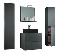 Ezooza Lot de 5 meubles suspendus avec lavabo noir large en céramique avec 2 colonnes et miroir, Anthracite