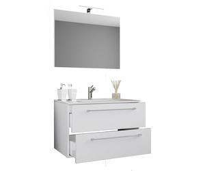Ezooza Meuble suspendu avec 2 grands tiroirs avec lavabo en céramique de haute qualité et miroir, blanc,
