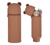 EZOULUOBA Trousse d'écolier 2 en 1 en silicone souple Kawaii, trousse à crayons, porte-stylo de table, trousse à crayons, trousse à crayons, Brown Bear, Ours marron