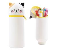 EZOULUOBA Trousse d'écolier 2 en 1 en silicone souple Kawaii, trousse à crayons, porte-stylo de table, trousse à crayons, trousse à crayons, Smiley Cat, Ours marron