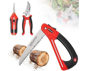 EZUVITA Scie à Elaguer 180mm avec Sécateurs et Ciseaux de Jardinage, Scie Pliante avec Verrouillage Sécurisé, Triple Denture, 7 TPI, Idéale pour le Travail du Jardinage, le Camping, le Bushcraft