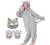 Ezuwail Combinaison Léopard des Neiges Enfants Pyjama Guépard Déguisement Animal Cosplay Carnaval Costume pour Filles Garçons (Blanc, 130)