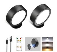 EZVALO Applique Murale Sans Fil Intérieure Rechargeable, 5500mAh,LED Dimmable 3 Modes de Couleur, Rotation 360° & Boutons Tactiles pour Salon, Chambre, Chevet, Couloir, Noir (2 Pièces)