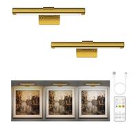 EZVALO Éclairage Tableau Sans Fil, Applique Murale LED Rechargeable avec Télécommande, 3 Températures de Couleur et Intensité Variable, Minuterie et Mémoire, pour Peintures et Photos (2, doré)