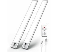 EZVALO Lampe Détecteur de Mouvement Intérieur Sans Fil avec Télécommande, Réglette LED Cuisine 37 cm, Fonction Minuterie, Lumière LED Rechargeable 3200 mAh pour Sous-Meuble/Escalier/Placard (2 Pièces)