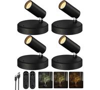 EZVALO Lot de 4 spots LED sans fil - Noir - Rechargeable - Avec batterie de 5500 mAh - Intensité variable - 350° - Rotation à 350° - Avec télécommande et minuterie - Pour images, plantes et décoration