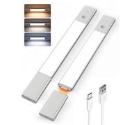 EZVALO Reglette LED Lampe Cuisine sous Meuble 38CM, 2200mAh Batterie Détachable, Détecteur de Mouvement, 3 Modes d’Éclairage 3 Couleurs Dimmable pour Escaliers Cuisines Placards(2 piece)