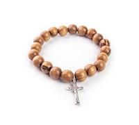 EZVFIRPDFZ Bracelet chapelet pour femme de la Twist extensible en bois d'olivier avec croix pendante - Chapelet chrétien 4 décennies en bois - Bracelet de prière pour femmes et filles - Catholique
