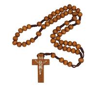 EZVFIRPDFZ Chapelet catholique chrétien en bois beige avec pendentif en forme de croix de prière et croix Christ Jésus pour voiture pour homme femme bijoux religieux pendentif Jérusalem 31,8 cm