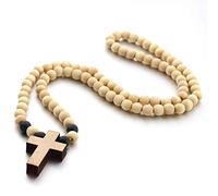 EZVFIRPDFZ Chapelet catholique coloré en bois naturel avec pendentif en forme de crucifix en bois - Bijou fait à la main