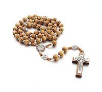 EZVFIRPDFZ Chapelet catholique coloré en bois naturel avec pendentif en forme de crucifix en bois - Bijou fait à la main