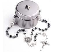 EZVFIRPDFZ Chapelet catholique de Saint Benoît avec pierre hématite noire de 6 mm avec boîte en titane et croix en métal pour homme et femme
