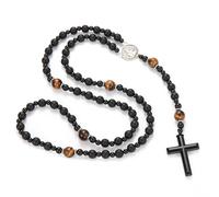 EZVFIRPDFZ Chapelet catholique de Saint Benoît en perles d'hématite, collier avec pendentif en forme de croix pour homme, chapelet de méditation de prière, médailles, obsidienne, bracelet religieux (F