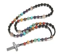 EZVFIRPDFZ Chapelet catholique de Saint Benoît en perles d'hématite, collier avec pendentif en forme de croix pour homme, chapelet de méditation de prière, médailles, obsidienne, bracelet religieux (F