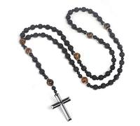 EZVFIRPDFZ Chapelet catholique de Saint Benoît en perles d'hématite, collier avec pendentif en forme de croix pour homme, chapelet de méditation de prière, médailles, obsidienne, bracelet religieux (F