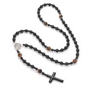 EZVFIRPDFZ Chapelet catholique de Saint Benoît en perles d'hématite, collier avec pendentif en forme de croix pour homme, chapelet de méditation de prière, médailles, obsidienne, bracelet religieux (F
