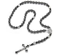 EZVFIRPDFZ Chapelet catholique de Saint Benoît en perles d'hématite, collier avec pendentif en forme de croix pour homme, chapelet de méditation de prière, médailles, obsidienne, bracelet religieux (F
