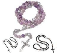 EZVFIRPDFZ Chapelet catholique de Saint Benoît en perles d'hématite, collier avec pendentif en forme de croix pour homme, chapelet de méditation de prière, médailles, obsidienne, bracelet religieux (F