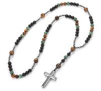 EZVFIRPDFZ Chapelet catholique de Saint Benoît en perles d'hématite, collier avec pendentif en forme de croix pour homme, chapelet de méditation de prière, médailles, obsidienne, bracelet religieux (F