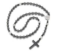 EZVFIRPDFZ Chapelet catholique de Saint Benoît en perles d'hématite, collier avec pendentif en forme de croix pour homme, chapelet de méditation de prière, médailles, obsidienne, bracelet religieux (F