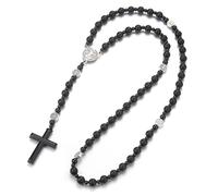 EZVFIRPDFZ Chapelet catholique de Saint Benoît en perles d'hématite, collier avec pendentif en forme de croix pour homme, chapelet de méditation de prière, médailles, obsidienne, bracelet religieux (F