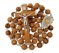 EZVFIRPDFZ Chapelet catholique en bois d'olivier avec médaille d'eau du Jourdain Croix de Jérusalem Crucifix Cadeau religieux