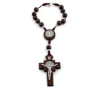 EZVFIRPDFZ Chapelet catholique en bois pour voiture d'une décennie avec médaille de Saint-Benoît et crucifix sécurisé pour miroir, rétroviseur, porte de maison (marron foncé)